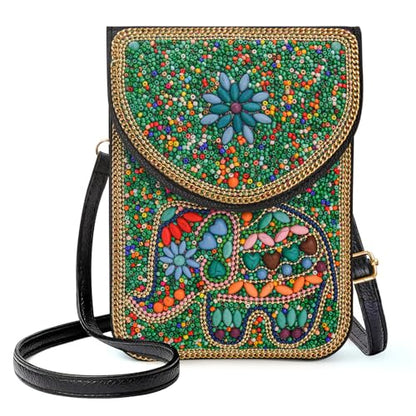 Small Beaded Crossbody Bag for Women, Boho Cell Phone Shoulder Purse Wallet with Handcrafted Colorful Beads - color: Elephant