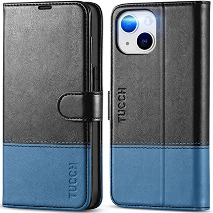 TUCCH Wallet Case for iPhone 14 6.1" 2022, 4 Card Slots, Black & Light Blue | RFID Blocking, Viewing Stand, Shockproof TPU Shell, PU Leather, Magnetic Closure, Protective Folio Flip Cover - color: Black & Light Blue