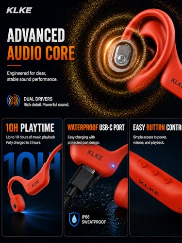 Bone Conduction Headphones for Running with mic and Rear Safety Light - color: KLKE-Orange