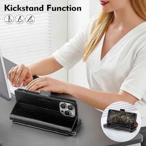 Antsturdy for iPhone 13 Pro Phone Wallet Case Women,Black | RFID Blocking,with Credit Card Holder Slots,PU Leather Purse,Zipper Pocket,Wrist Strap Kickstand,Flip Folio Cover for Men - color: A-Black