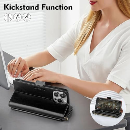Antsturdy for iPhone 13 Pro Phone Wallet Case Women,Black | RFID Blocking,with Credit Card Holder Slots,PU Leather Purse,Zipper Pocket,Wrist Strap Kickstand,Flip Folio Cover for Men - color: A-Black