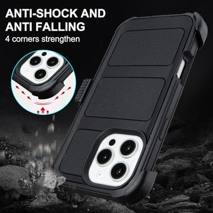 for Case iPhone 16 Pro Max Case with Belt Clip Holster Heavy Duty Black | Protective iPhone 16 ProMax Case Kickstand Shockproof Dustproof Port Sturdy Defender Cover for iPhone 16 Pro Max Cases Black - color: Black