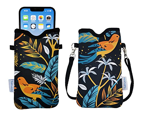 Tainada Neck Cell Phone Pouch with Crossbody Strap (Birds Floral Navy Blue) - color: Birds Floral Navy Blue