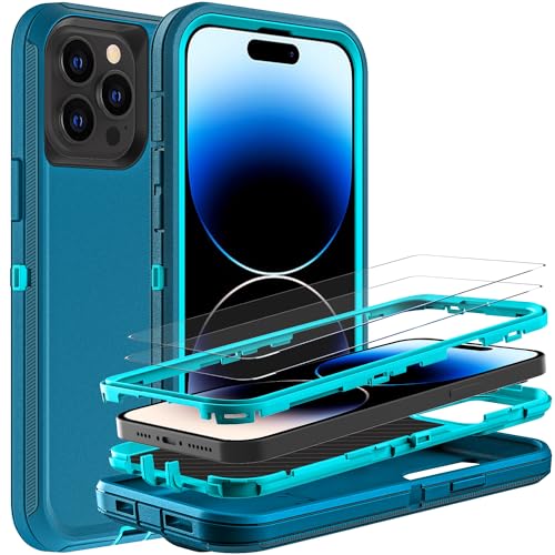 YKHJKLEC for iPhone 14 Pro Case, Military Grade 3 in 1 Heavy Duty Shockproof/Drop Proof/Dust Proof Case with 2Pcs Tempered Glass Screen Protector (Blue/Turquoise) - color: Blue/Turquoise