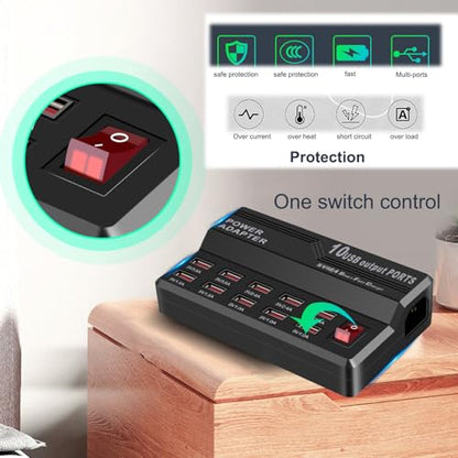MaxLax USB Charging Station,10 Port 60W Multiple USB Charger Station,Multi Ports Charger Charging for Smartphones，Tablets，and Many Devices.