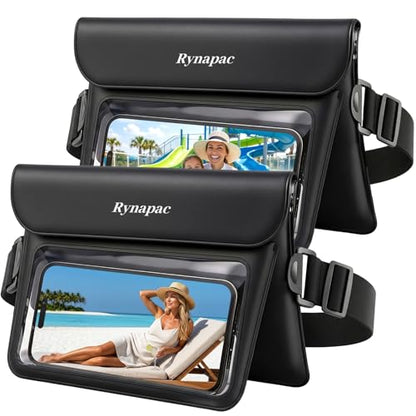 Rynapac 2 Pack Waterproof Fanny Pack, IPX8 Double Space Phone Pouch Dry Bag | Touch Screen, Waterproof Bags for Phone Passport Wallet Purse Women Men, Beach Cruise Swimming Kayaking Essentials - color: Black+Black