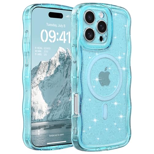 FABSPARK Glitter Case for iPhone 13 Pro,Fit for MagSafe,Blue | Magnetic Curly Wavy Frame | Sparkly Bling Glitter | Transparent Clear Acrylic Hard PC for iPhone 13 Pro,Blue - color: Glitter Clear Blue, size: for iPhone 13 Pro