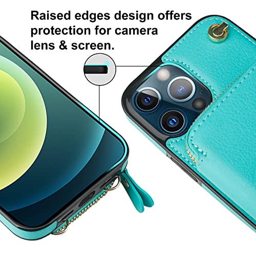 Bocasal Multi-Slot Crossbody Wallet Case for iPhone 12 Pro Max, Mint Green | RFID Blocking PU Leather Purse Case with Card Holder, Handbag Flip Cover with Zipper Wrist Strap Lanyard for Women 6.7 Inch - color: Green