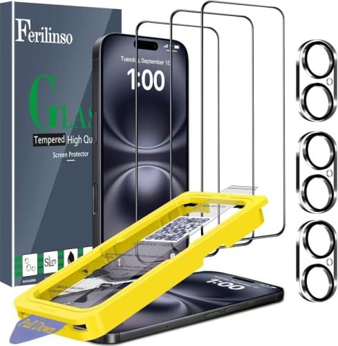 Ferilinso Screen Protector for iPhone 16, Tempered Glass, Case Friendly | 3 Pack, 9H+ Hardness, Military-Grade Shatterproof, HD Clear, Easy Installation Bubble Free, with Camera Lens Protectors - size: iPhone 16-6.1 IN