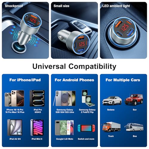 iPhone USB C Car Charger, Avatcen 65W 4-Port Voltmeter Car Charger Adapter - color: Gray