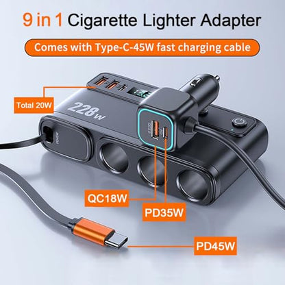 Cigarette Lighter Adapter with 45W Retractable Car Charger Fast Charging