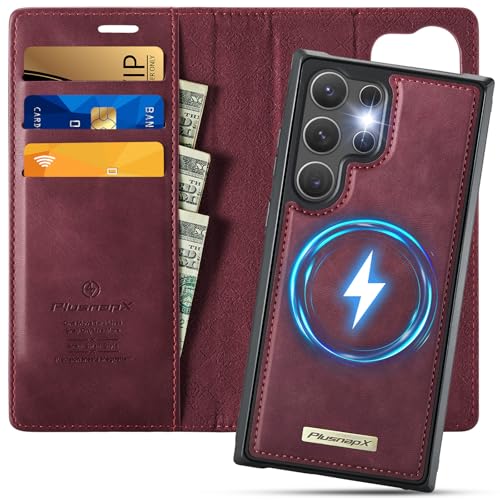for Samsung Galaxy S25 Ultra 2in1 Detachable Wallet Case, Burgundy | Compatible with Magsafe, Magnetic, RFID Blocking Card Holder, Shockproof, Kickstand, Wireless Charging, PU Leather Flip Cover - color: Retro Burgundy, size: Galaxy S25 Ultra - 6.9"