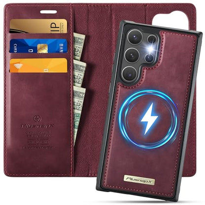 for Samsung Galaxy S25 Ultra 2in1 Detachable Wallet Case, Burgundy | Compatible with Magsafe, Magnetic, RFID Blocking Card Holder, Shockproof, Kickstand, Wireless Charging, PU Leather Flip Cover - color: Retro Burgundy, size: Galaxy S25 Ultra - 6.9"