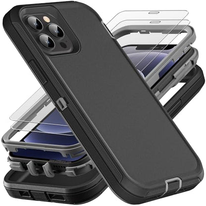 YKHJKLEC for iPhone 12/12 Pro Case, Military Grade 3 in 1 Heavy Duty Shockproof/Drop Proof/Dust Proof with 2Pcs Tempered Glass Screen Protector (Black/Grey) | 3 in 1 - color: Black/Grey