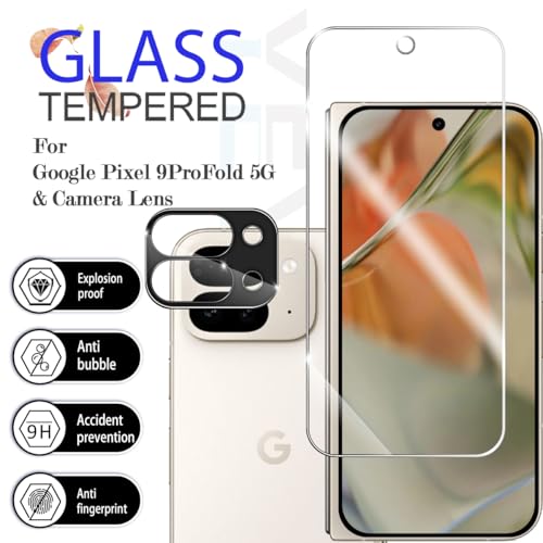 Screen Protector for Google Pixel 9 Pro Fold, [2+2 Pack] Tempered Glass for Pixel 9 Pro Fold & Camera Lens Protectors[Ultrasonic Fingerprint Unlock] [Case Friendly] [Bubble-Free] 6.3 Inches - size: Google Pixel 9 Pro Fold