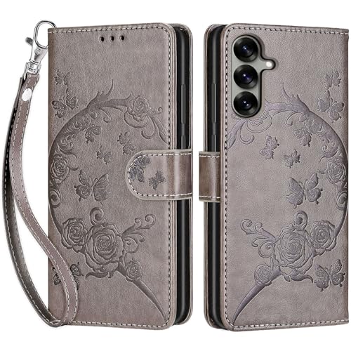 for Samsung Galaxy S25 Wallet case, Gray Flower | 3 Card Holders, Kickstand, Shockproof TPU Shell, PU Leather, Magnetic Closure, Protective Flip Folio Cover, Women - color: 9
