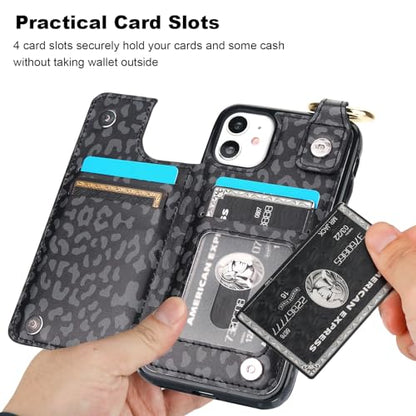 HAOPINSH for iPhone 11 Wallet Case with Card Holder, Black Leopard Cheetah Print Back Flip Folio PU Leather Kickstand Card Slots Case, Finger Grip Ring Double Magnetic Clasp Shockproof 6.1" - color: Black Leopard Grip Ring