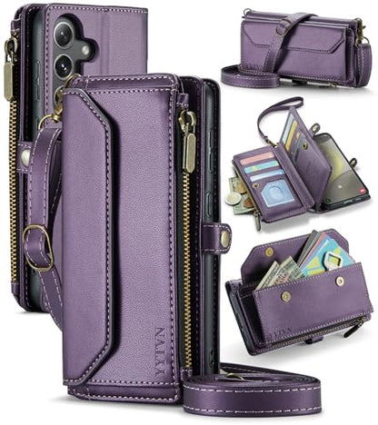 for Samsung Galaxy S23 FE Wallet Case with Card Holder, Purple | RFID Blocking Slots, Crossbody Lanyard, Wrist Strap, Zipper Pocket Purse Handbag, Magnetic Closure - color: Purple, size: Galxay S23 FE