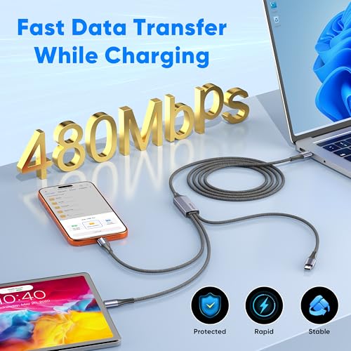 USB C to USB C 3 in 1 Multi Charging Cable 5FT, 100W Max Fast Charge USB C Splitter Charging Cable with 3 Type C Ports for iPhone 17/16/15 Series, Samsung Galaxy S25, iPad, MacBook Air/Pro, Lenovo