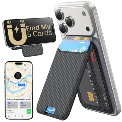 for MagSafe Wallet, Works with Apple Find My,5 Card Holder with Stand, Magnetic Phone Wallet Stand for iPhone 17/16/15/14/13/12 Pro Max Air Plus, RFID Blocking Vegan Leather,Carbon Fiber - color: Findmy Carbon Fiber