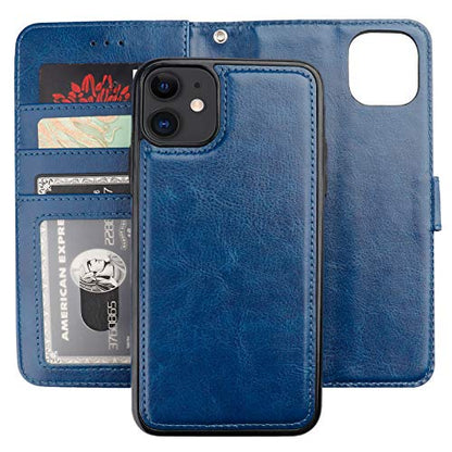 Bocasal Detachable Wallet Case Card Holder for iPhone 11, Blue | Kickstand Card Slots Holder PU Leather Magnetic Shockproof Wrist Strap Removable Flip Protective Cover 6.1 inch - color: Blue