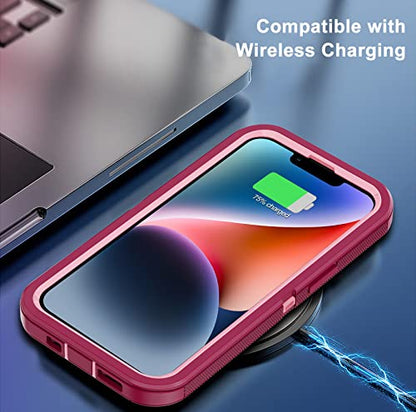 for iPhone 14 Case with 2 Screen Protector, Heavy Duty Shockproof Dropproof Dust Proof Full Body Rugged 3-Layer Military Tough Durable Protective Cover for Apple iPhone 14 6.1" (Burgundy) - color: Burgundy