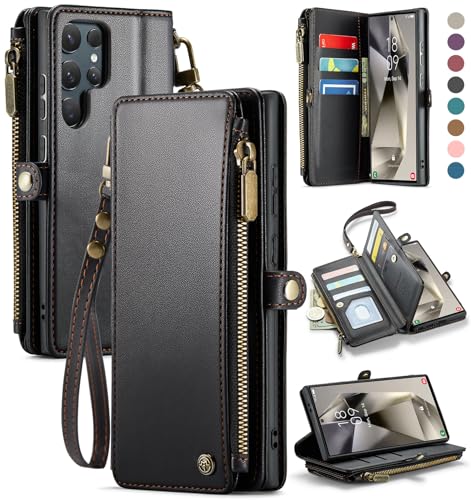 Defencase for Samsung Galaxy S24 Ultra Wallet Case with Card Holder, Black | Durable PU Leather, with RFID Blocking Zipper Pocket, Wrist Strap, S24 Ultra Flip Phone Cases Cover with Stand for Women Men - color: Black