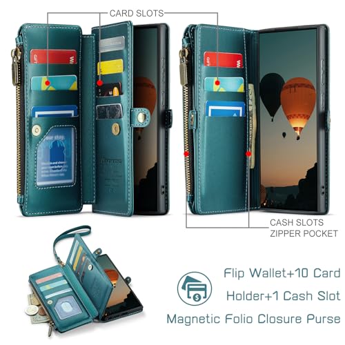 Defencase for Samsung Galaxy S25 Ultra Wallet Case with Card Holder, Green | with RFID Blocking Zipper Pocket, Durable PU Leather, Wrist Strap, S25 Ultra Flip Phone Cases Cover with Stand for Women Men - color: Blue Green