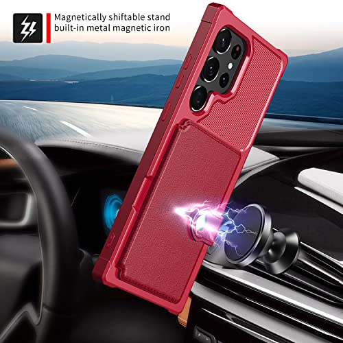 for Samsung Galaxy S22 Ultra Case with Card Holder, Compatible with Magnetic Car Mount, Heavy Duty Shockproof Rugged Soft TPU Back Leather Flip Wallet Cover 6.8 inch, Red | Compatible with Magnetic Car Mount, Shockproof Rugged Soft TPU Hard Back Leather W