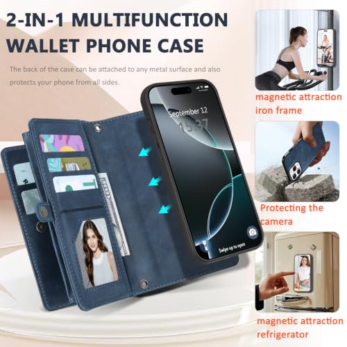 for iPhone 15 Pro Max Wallet Case, Detachable Magnetic Shockproof Phone Case,Faux Leather Crossbody Wallet,with RFID Blocking，Zipper Card Holder，Shoulder Strap (Dark Blue) - color: Darkblue, size: iPhone 15 Pro Max