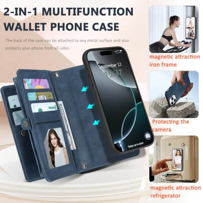 for iPhone 15 Pro Max Wallet Case, Detachable Magnetic Shockproof Phone Case,Faux Leather Crossbody Wallet,with RFID Blocking，Zipper Card Holder，Shoulder Strap (Dark Blue) - color: Darkblue, size: iPhone 15 Pro Max