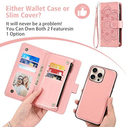 Asuwish Phone Case for iPhone 16 Pro 6.3 inch Zipper Wallet Magnetic Detachable Cell Cover with Tempered Glass Screen Protector Crossbody Strap Flower Card Holder i Phone16 i16 16Pro Women Rose Gold - color: Rose Gold