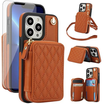 Phone Case for iPhone 14 Pro 6.1 inch Wallet Cell Cover with Tempered Glass Screen Protector Wrist Crossbody Strap RFID Blocking Card Holder iPhone14Pro 5G i i-Phone i14 iPhone14 4 14Pro Women Brown - color: Brown