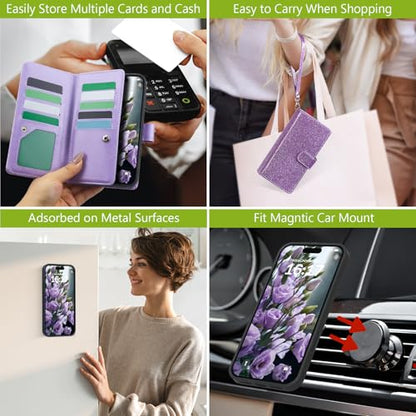 Varikke for iPhone 16 Glitter Case Wallet Magnetic Detachable, Light Purple - color: (Standard) Light Purple, size: iPhone 16 6.1"
