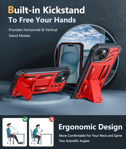 FNTCASE for iPhone 15/14/13 Case, Built-in Screen Protector, Kickstand Red | 20FT Military-Grade Drop Protection, Anti-Slip Matte Textured, Rugged Heavy Duty Shockproof Protective Phone Cover, Red - color: Red