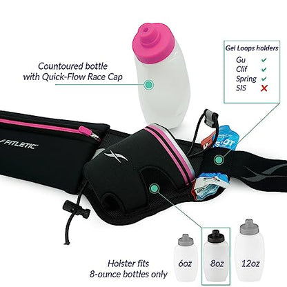 Fitletic Hydration Running Belt with Water Bottles for Men & Women – 2 Quick Flow 8oz Running Water Bottles, Patented Bounce Free Design, Water Resistant Pouch Fits All Phones – Hydra 16 - size: L/XL (35"-42"), style: Black & Pink