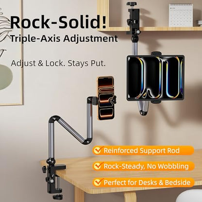 Aluminum Foldable Arm Tablet Stand, 360° Rotatable Phone Holder iPad Stand, Adjustable Tablet Mount for 4.7"-15.6" iPad, iPhone, Galaxy Tab, Compatible with Desk Bedside Kitchen, Gray