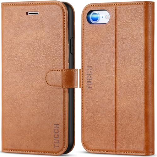 TUCCH Wallet Case for iPhone SE 2022/ SE2020/iPhone 7/8/, Light Brown | 3 Card Holders, Kickstand, PU Leather, Shockproof TPU Shell, Magnetic Closure, Protective Folio Cover - color: Brown - Textured
