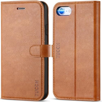 TUCCH Wallet Case for iPhone SE 2022/ SE2020/iPhone 7/8/, Light Brown | 3 Card Holders, Kickstand, PU Leather, Shockproof TPU Shell, Magnetic Closure, Protective Folio Cover - color: Brown - Textured