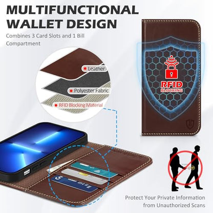 SHIELDON Real Leather Case Wallet for iPhone 13 6.1" 2021, Retro Coffee | TPU Wallet Case with Card Storage Function Anti-Shock [RFID Blocking], 5G 2021 - color: Coffee - Retro