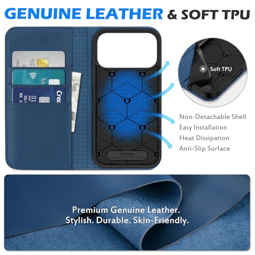 SHIELDON Genuine Leather Case Wallet for iPhone 17 Pro Max 6.9", Royal Blue | Flip Magnetic Cover, RFID Blocking, Credit Card Slot, Kickstand, Book Design, Soft Shockproof Phone Shell - color: Royal Blue