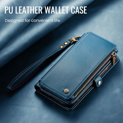 Defencase for Samsung Galaxy S25 Wallet Case with RFID Card Holder, Blue | Durable Soft PU Leather, with Zipper Pocket, Wrist Strap, Fashion Snap Flip S25 Phone Cases Cover with Stand for Women Men - color: Dark Blue