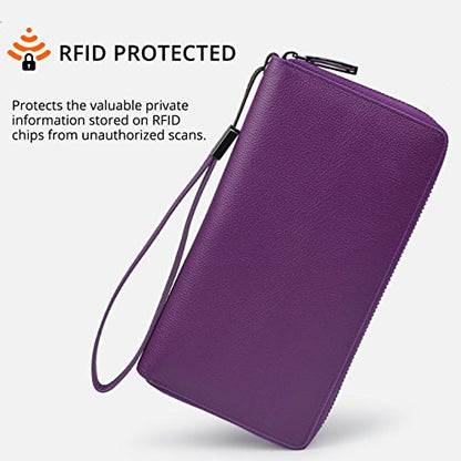 Bveyzi Women RFID Blocking Wallet Leather Zip Around Phone Clutch Large Capacity Ladies Travel Purse Wristlet - color: Purple