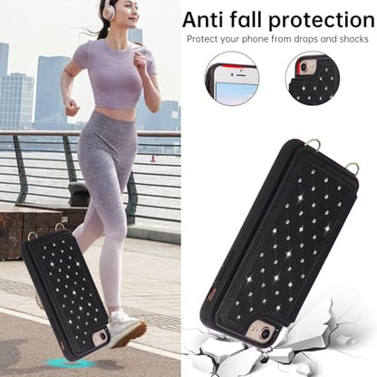 for iPhone 7/8/SE 2022/SE 2020 Wallet Case with Card Holder Slots and Strap, RFID Blocking Magnetic Flip Folio Cover, Crossbody Purse Protection Case with Kickstand,Black Diamond - color: Black Diamond, size: iPhone 7/8/SE 2022/SE 2020(6.6")