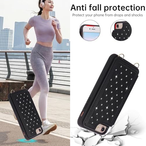 for iPhone 7/8/SE 2022/SE 2020 Wallet Case with Card Holder Slots and Strap, RFID Blocking Magnetic Flip Folio Cover, Crossbody Purse Protection Case with Kickstand,Black Diamond - color: Black Diamond, size: iPhone 7/8/SE 2022/SE 2020(6.6")