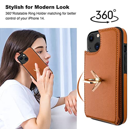 Folosu Compatible with iPhone 14 Case Wallet with Card Holder, 360°Rotation Finger Ring Holder Kickstand, RFID Blocking Leather Protective Double Buttons Shockproof Cover 6.1 Inch Brown - color: Brown, size: iPhone 14