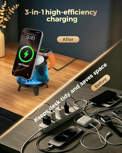 3 in 1 Wireless Charging Station for Apple Devices,Mag-Safe Charger Stand,Magnetic Wireless Charger Station,RGB Ambient Light,for iPhone 17 Pro Max 16 15 14 13 12,AirPods & Apple Watch Series