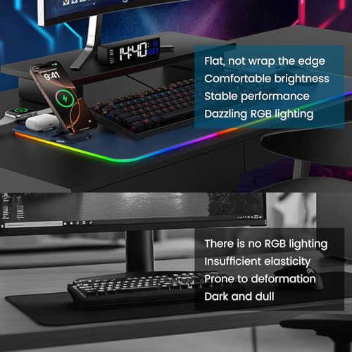 3 in 1 Mouse Pad with Wireless Charging, 31.5"x11.8" Mouse Pad RGB with Magnetic Wireless Charging,15 Light Modes,Non-Slip Base,Waterproof Keyboard Pad, Black