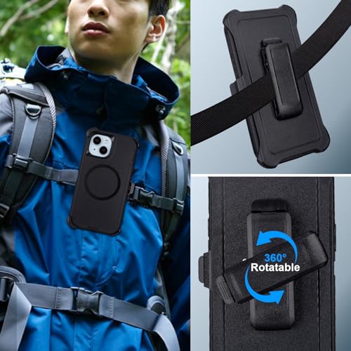 Magnetic for iPhone 13 Case with Belt Clip, Holster with Kickstand, Black | Compatible with MagSafe, Heavy Duty Military Grade Drop Protection, 3-Layer Rugged Shockproof for iPhone 13 Protective Case - color: Black
