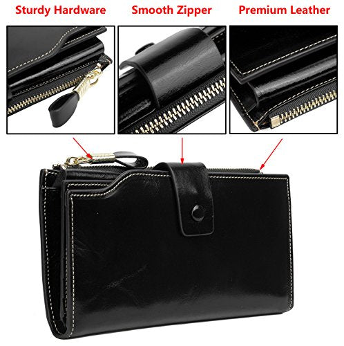 YALUXE Women's Real Leather Wallet RFID Protect 21 Card Slots Phone Pocket - color: 3- Waxed Black, size: Genuine Leather